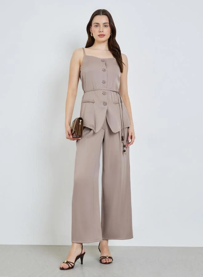 Styli Women Beige Fold Pleat Wide Leg Trousers